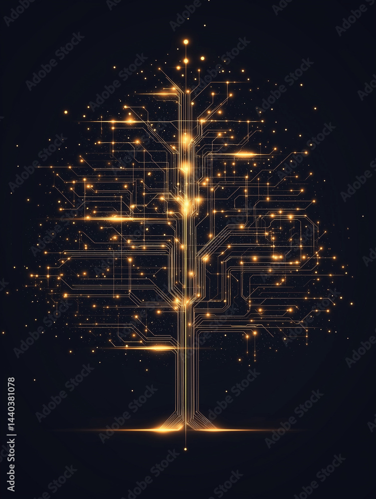 Poster circuitry tree: an ethereal tree composed entirely of shimmering circuitry, illuminating the night s