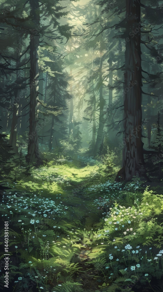 Poster serene forest pathway illuminated by gentle sunlight filters through tall trees surrounded by vibran