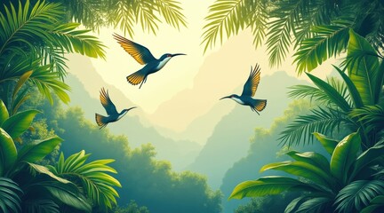 Three birds soar above a lush, vibrant jungle framed by tropical foliage and misty mountains.