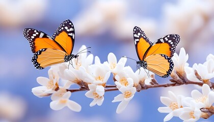 Obraz premium Two orange butterflies hover near delicate white blossoms on a branch against a soft blue background