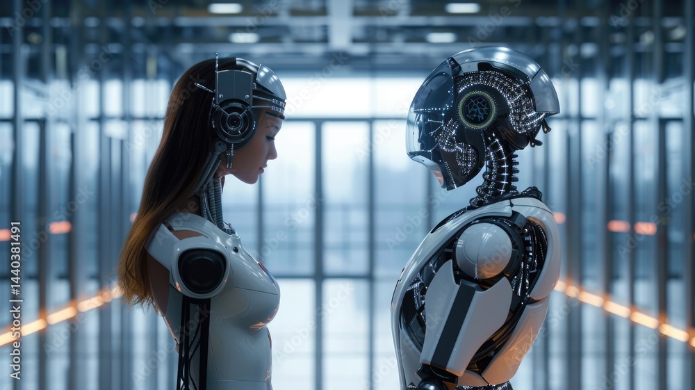Poster science fiction picture of high tech robots for chat bot program, assistance technology about inform