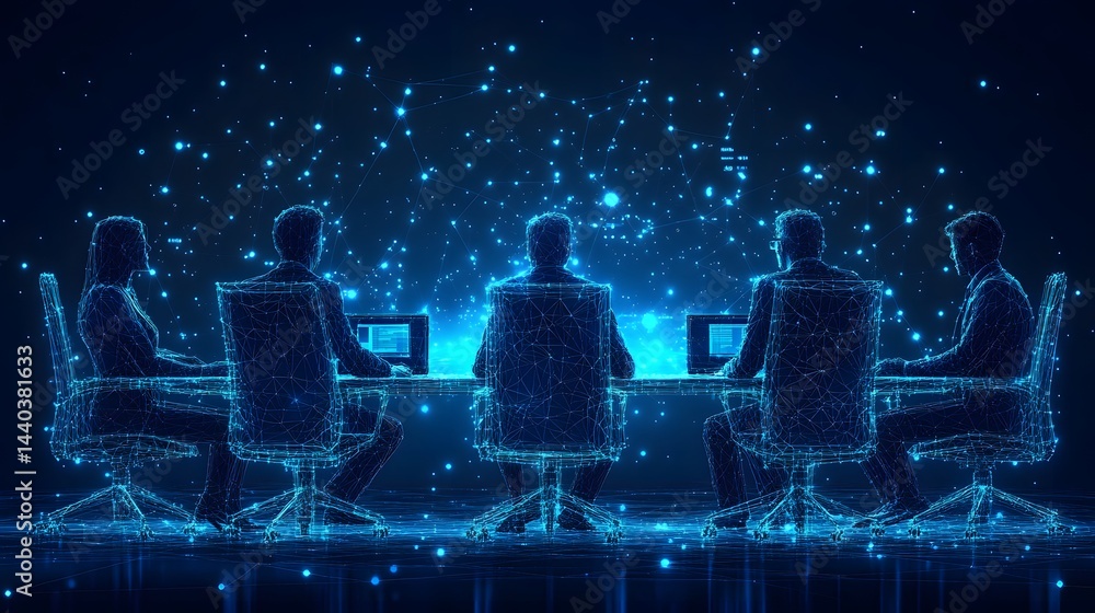 Fototapete futuristic collaboration: five digital figures meet around a table with laptops in a networked world
