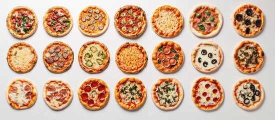 Assorted Gourmet Pizzas Displayed on White Surface Including Various Toppings and Styles Ideal for Culinary Themes and Food Photography Projects