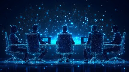 Futuristic collaboration: Five digital figures meet around a table with laptops in a networked world. Ideal for technology, innovation, and teamwork concepts. Abstract wireframe in dark blue.