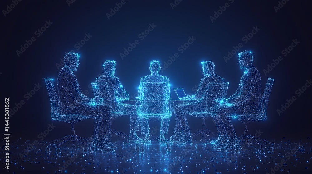 Poster digital figures convene around a wireframe table, one with an open laptop, in a futuristic, softly l