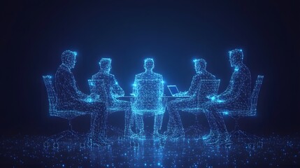 Digital figures convene around a wireframe table, one with an open laptop, in a futuristic, softly lit environment. A symbolic representation of modern collaboration. Abstract wireframe in dark blue.