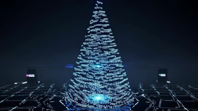 Glowing christmas tree formed by binary code stands on a futuristic circuit board, symbolizing the fusion of technology and holiday spirit in the digital age