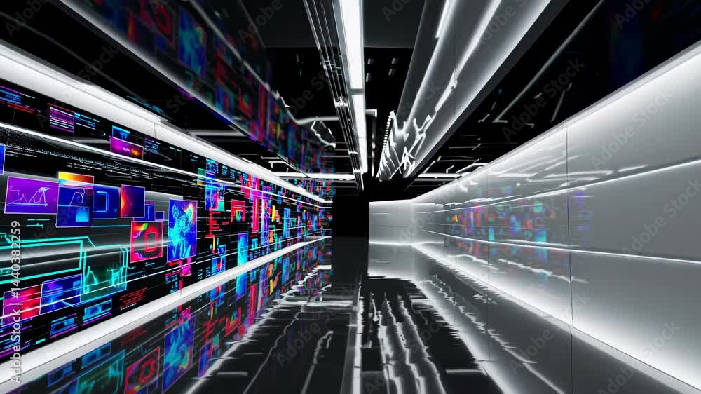 Poster futuristic corridor with black glossy floor and white walls is showing colorful programming code and