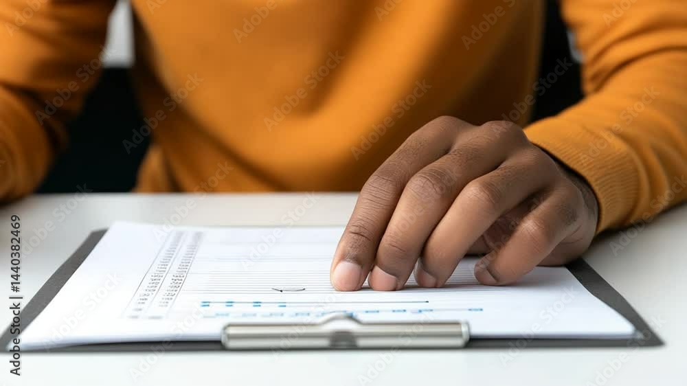 Poster close-up of hands holding pen while writing on clipboard with notes and diagrams in a cozy workspace
