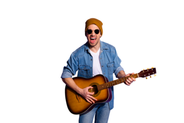 Photo of screaming stubble cheerful handsome attractive musician casting shadow on wall behind isolated over purple violet vivid color background