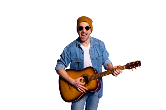 Photo of screaming stubble cheerful handsome attractive musician casting shadow on wall behind isolated over purple violet vivid color background