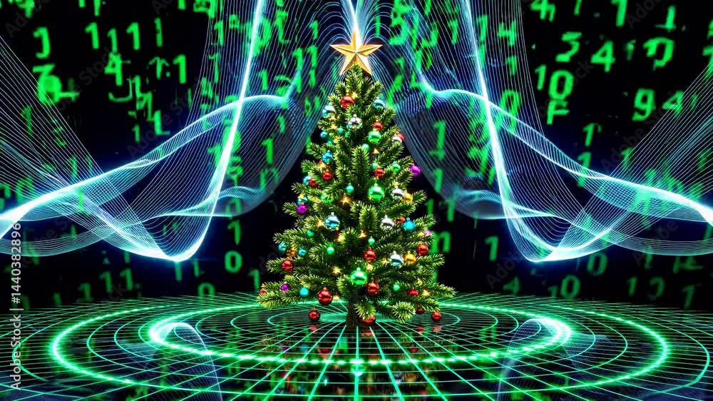 Poster decorated christmas tree standing on a futuristic grid floor with binary code and light trails flowi
