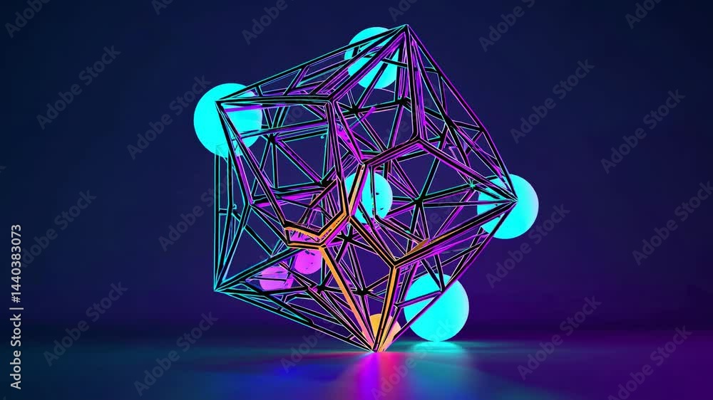 Poster complex geometric structure. resembling a cage or framework. interacts with glowing spheres of varyi