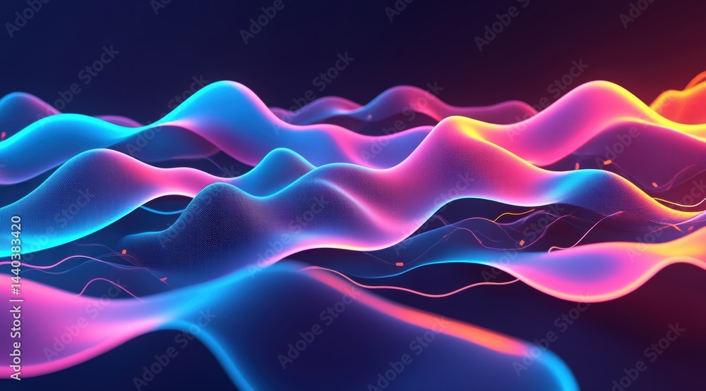 Poster vibrant neon waves form an abstract digital landscape with glowing lines and dynamic flowing shapes 