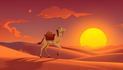 Cartoon Camel Walking Through Desert Dunes at Sunset