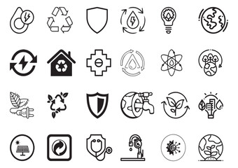 Set of 24 outline ecology and environment, recycling, nature protection, renewable energy and sustainable technology Vector illustration and with recycling editable vector isolated