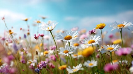 Obraz premium Sunlight bathes a lively meadow in spring, where colorful wildflowers dance gently in the breeze. Bees buzz from bloom to bloom, creating a joyful atmosphere of renewal and life