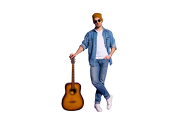 Full length body size photo of confident guitar leaning on his guitar wearing cap white sneakers footwear isolated over purple vibrant color background casting shadow
