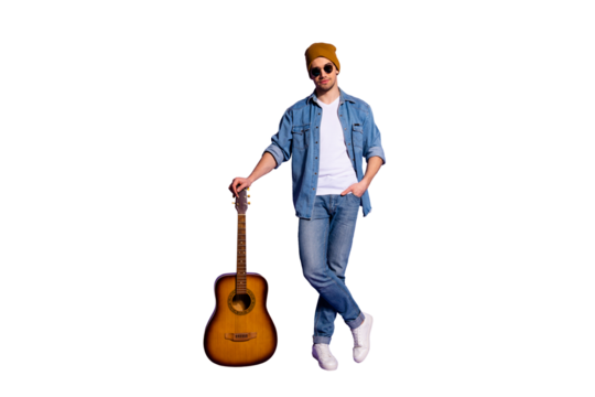 Full length body size photo of confident guitar leaning on his guitar wearing cap white sneakers footwear isolated over purple vibrant color background casting shadow