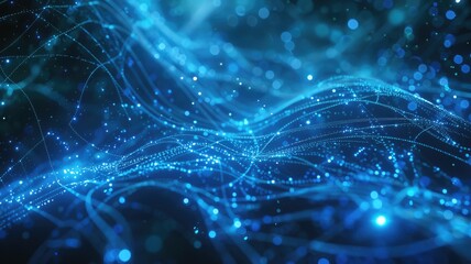 This captivating abstract image features blue lights flowing in an organic pattern, symbolizing data communication and network connectivity in a digital space.