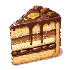 Slice of layered cake with creamy chocolate filling, glossy chocolate glaze, and decorative gold leaf on top