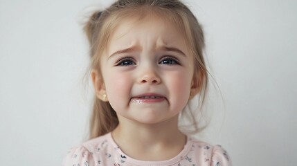 Naklejka premium A young girl expresses a mix of emotions, showcasing her vulnerability with a frown, capturing the innocence and complexity of childhood in this endearing portrait.