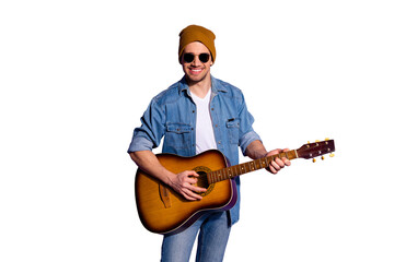 Photo of cheerful attractive trendy handsome cool nice guy holding guitar with headwear hands...