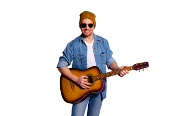 Photo of cheerful attractive trendy handsome cool nice guy holding guitar with headwear hands playing musician instrument isolated over vibrant color purple background