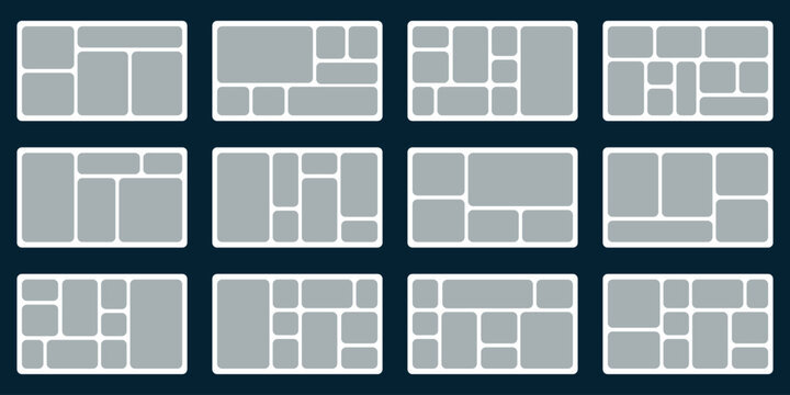 Set of Trendy bento grid layout style brick Ui UX templates. Grey on dark. Web comic grids, rounded corners. Different panel layouts with brutal shapes tiles of different sizes Vector illustration	
