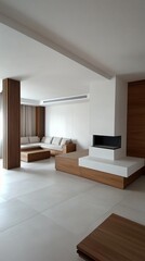 Modern minimalist living room featuring elegant furniture, natural light streaming through large windows, and a stylish fireplace, perfect for contemporary interior design inspiration.