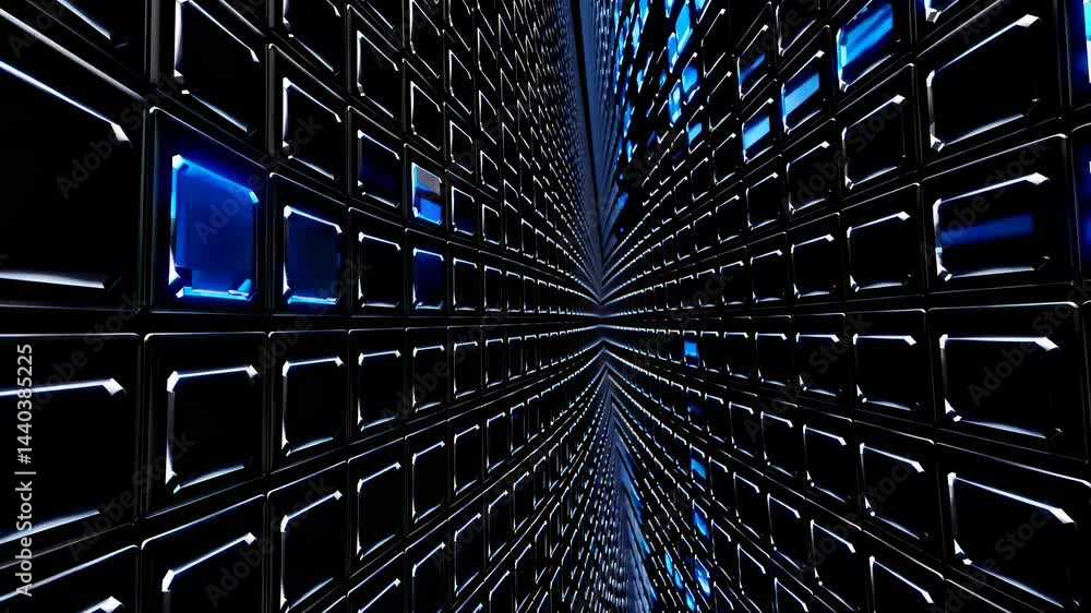 Poster abstract futuristic tunnel creating a technological perspective with blue lights, ideal for backgrou