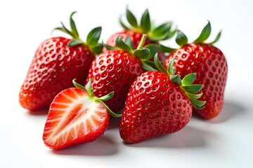 Fresh Strawberries Still Life with Cut Strawberry on White