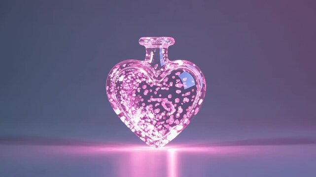 Pink light is glowing from the base of a heart-shaped glass bottle filled with bubbles, creating a romantic and magical atmosphere against a gradient background