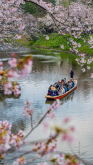 Fototapeta premium 弘前公園 船に乗る観光客と桜 旅行
