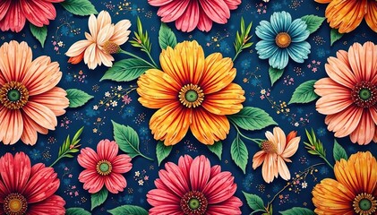 Intricate floral textile design, repeating seamlessly , wallpaper, fabric, ornate