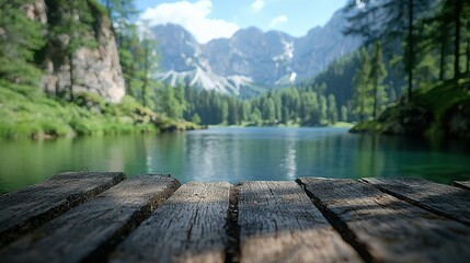 Serene mountain lake with wooden dock