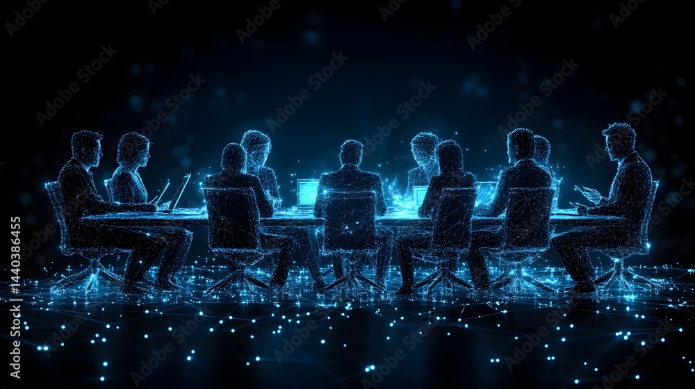 Leinwandbilder futuristic meeting scene rendered in glowing blue wireframe style. people collaborate around a table