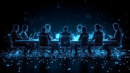 Futuristic meeting scene rendered in glowing blue wireframe style. People collaborate around a table with laptops amidst a network of connected lights. Abstract wireframe in dark blue.