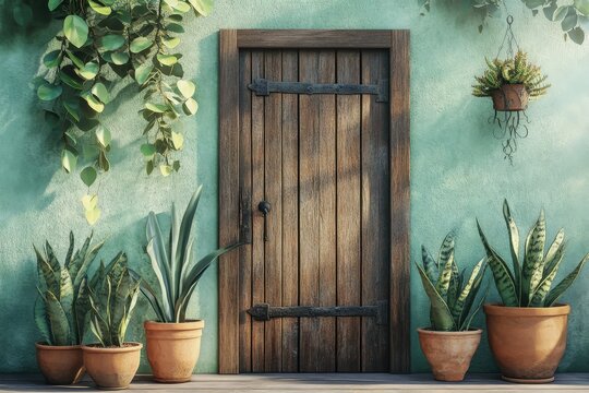 Rustic exterior door with lush greenery and terracotta pots.