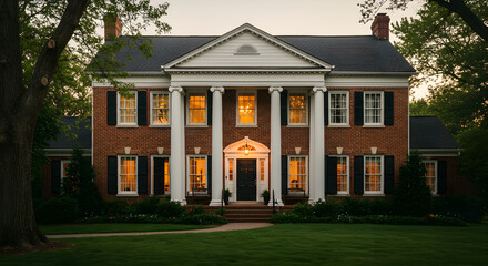 Fototapeta premium Elegant Colonial Home With Lawn in the Dusk