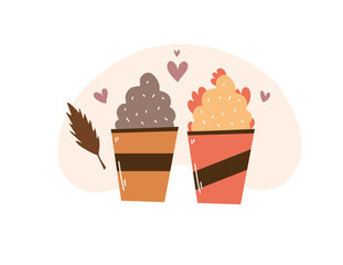 Sweet Autumn Indulgence Illustration with Hot Chocolate Ice Cream and Whipped Cream Topped with Leaves