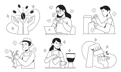 coffee and cafe. vector illustrations barista, farmer, visitor for website banner, social media stickers and posts, marketing