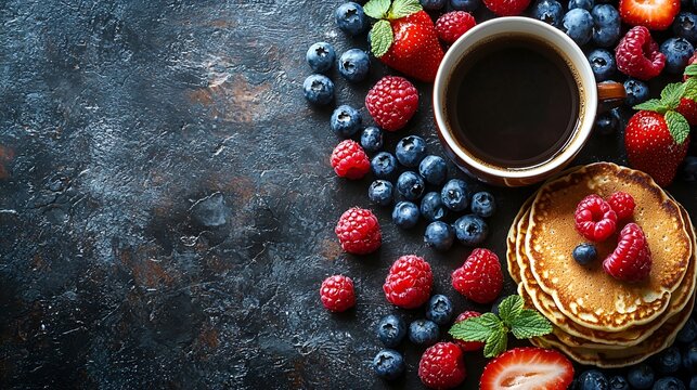 Pancakes, berries, and coffee breakfast.