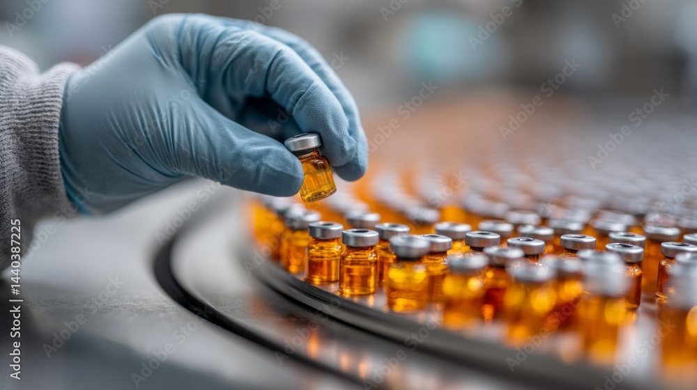 Poster in a bright, sterile laboratory, a gloved hand carefully selects a small amber vial from a circular 