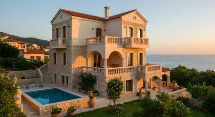 Fototapeta premium Luxury Villa With Pool Overlooking Sea At Sunset Tranquil European Getaway