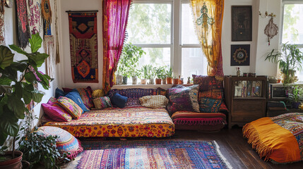 Cozy bohemian style living room with colorful fabrics and plants creating warm atmosphere