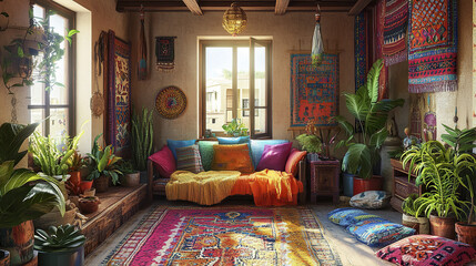 cozy boho style living room filled with vibrant textiles and lush plants, creating warm