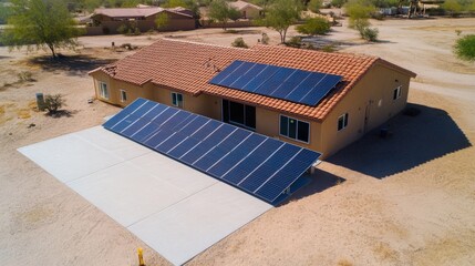 Fototapeta premium Aerial view of a modern home with solar panels in a desert landscape under clear skies