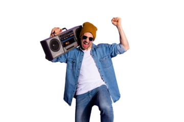 Photo of cheerful ecstatic crazy overjoyed music listener wearing white t-shirt brown cap headwear holding retro recorder isolated over purple vivid color background