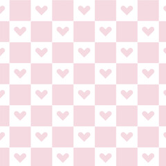 Pastel pink checkered seamless pattern with hearts